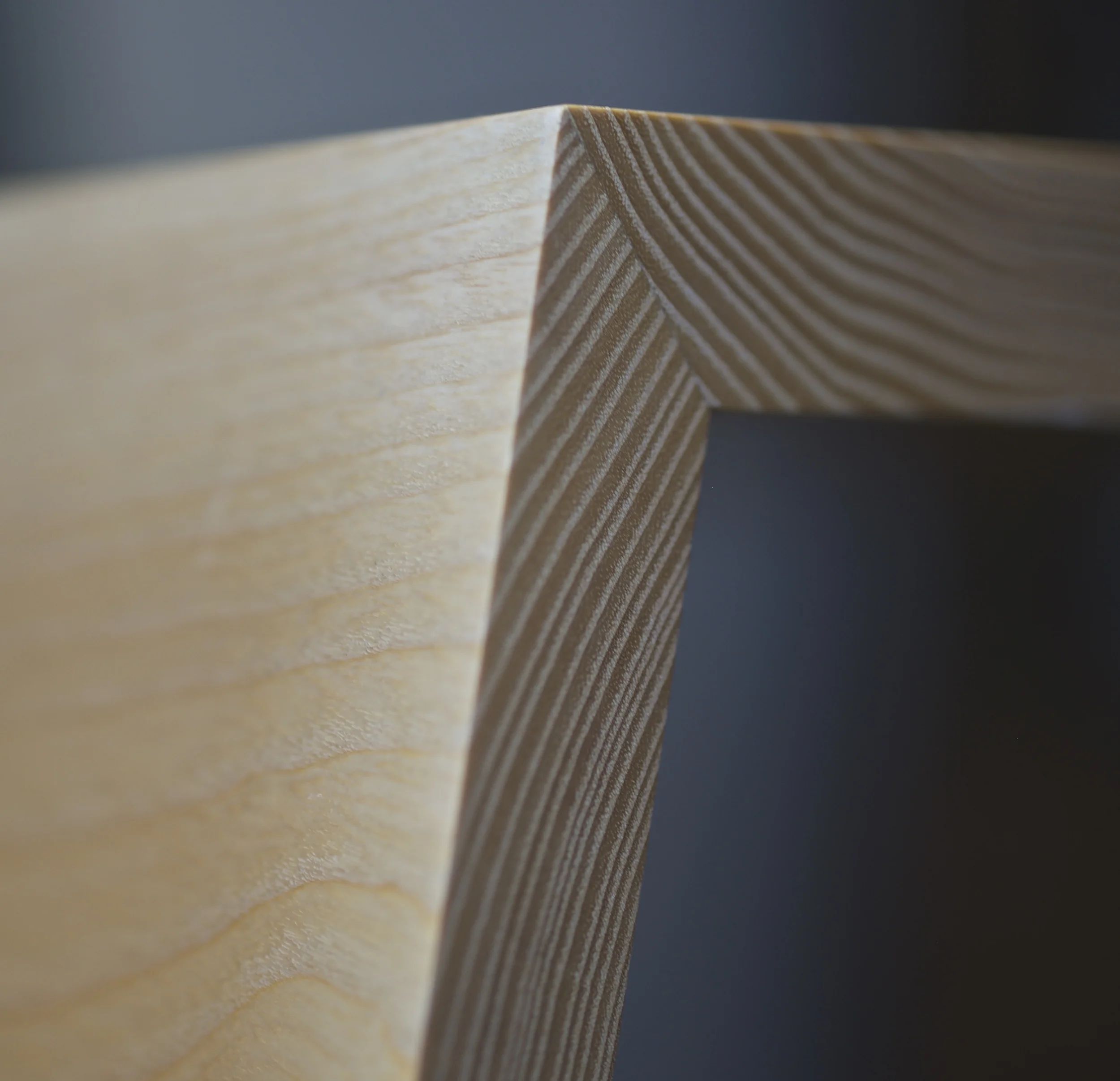 Origami Coffee Table - Mitre detail and close up of the crown cut grain. 