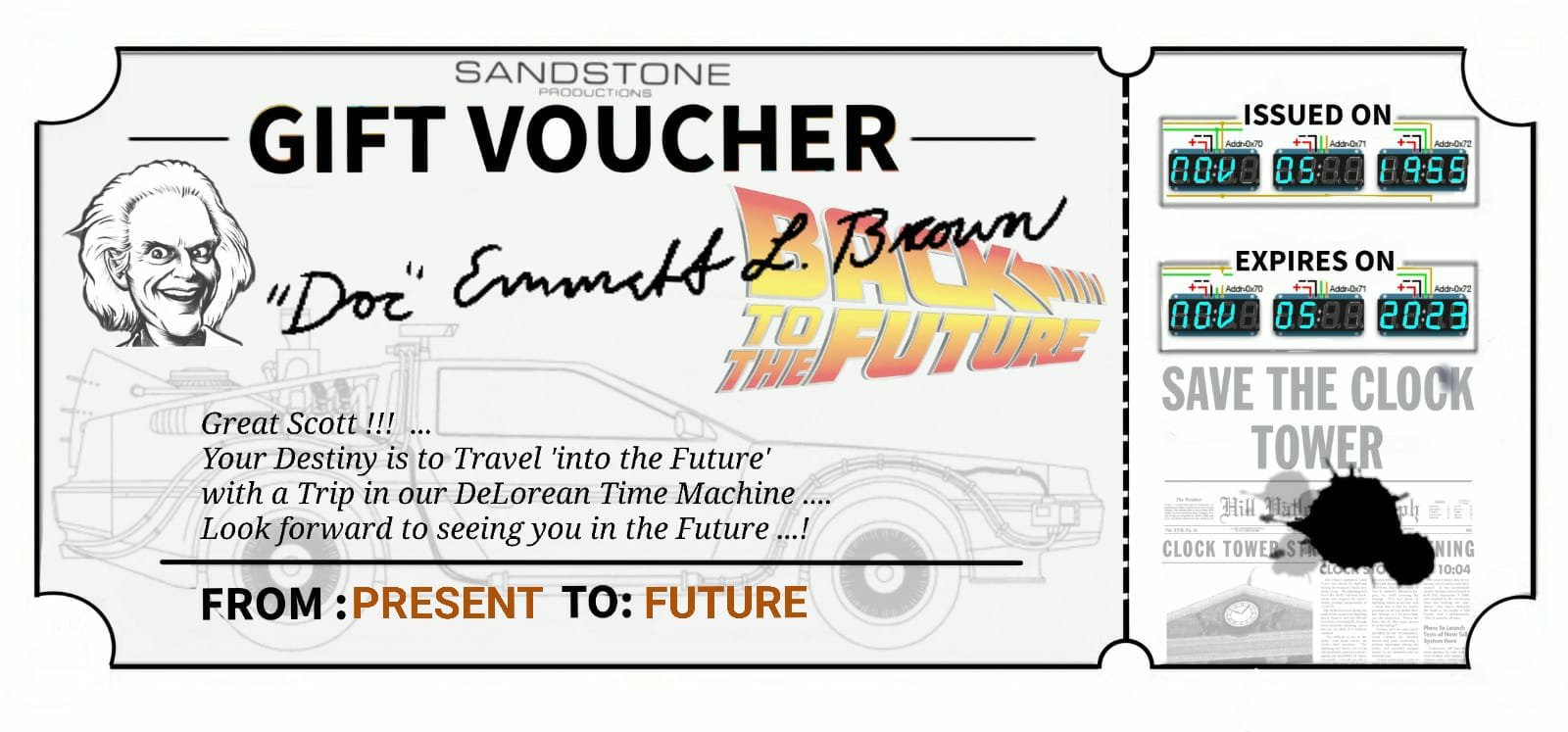 Sandstone Production DeLorean Time Machine Hire Voucher 2023.jpg