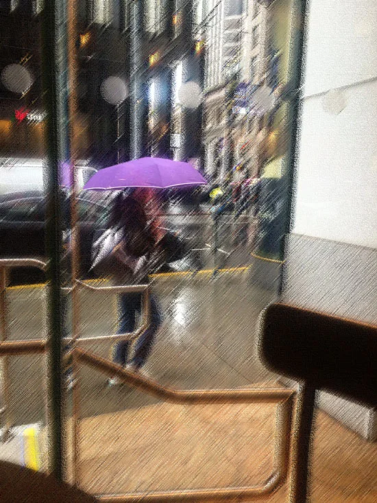 Just after thinking about the rain and Kel and listening to Rainy Girl, the girl above walked by in her purple umbrella, I snapped a photo real quick on my iPhone and loved the way the umbrella popped with a little help from photoshop, perfect timing. 
