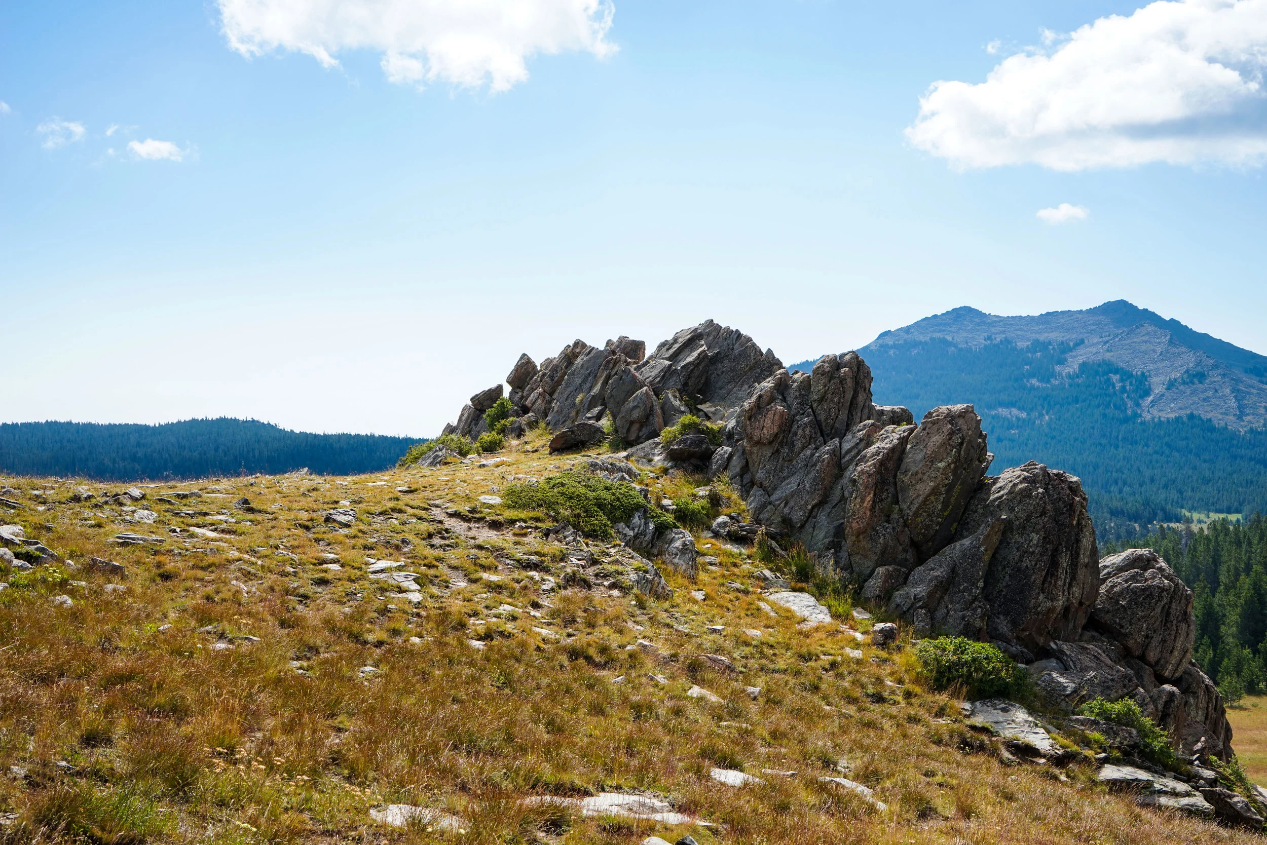 These rock formations protrude from the ground throughout the top of the pass. I hiked around to grab a few photos. They remind me of dinosaurs or maybe Godzilla sleeping in the ground.