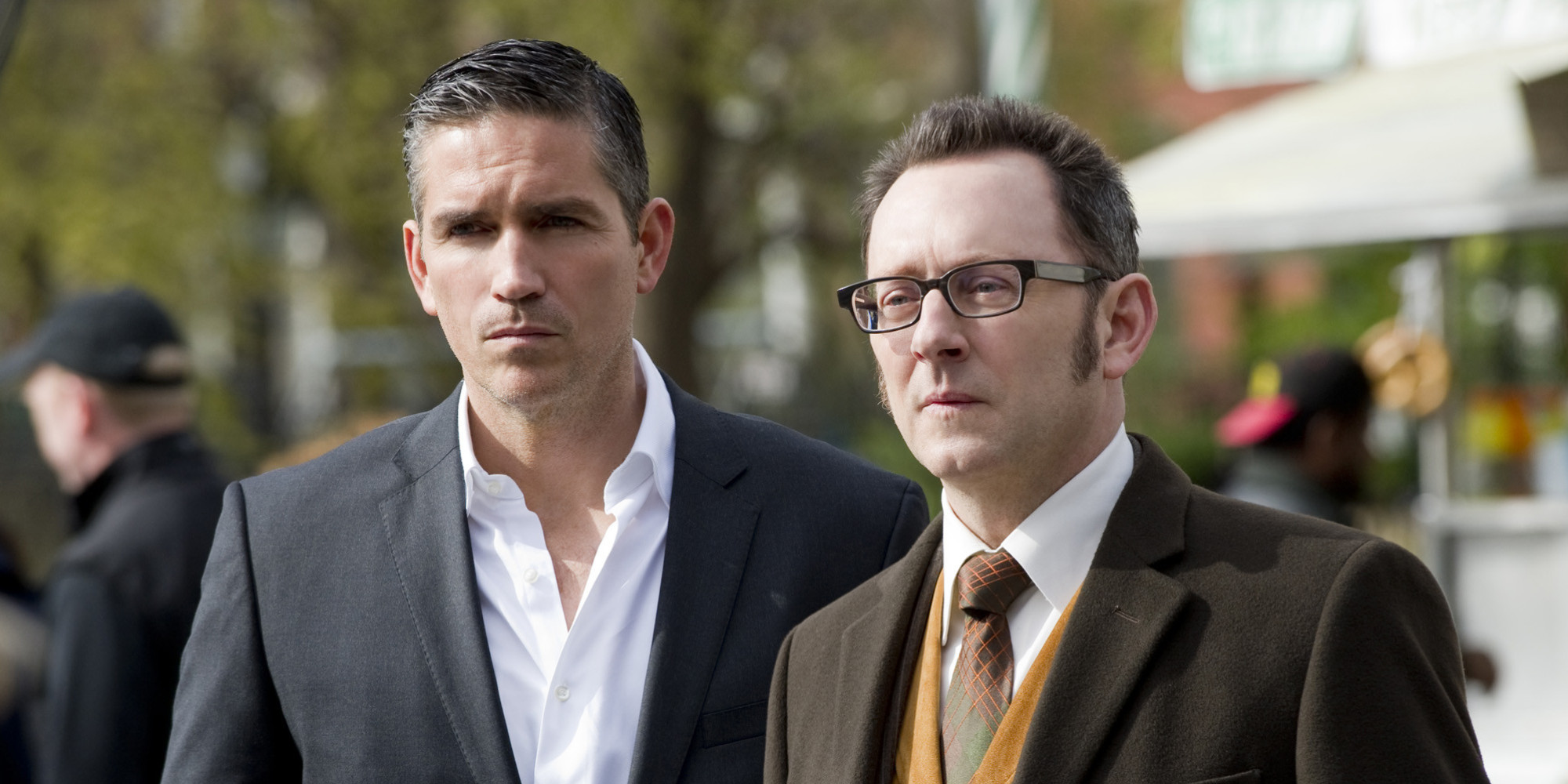  NEW YORK - APRIL 27: "No Good Deed" -- The newest POI's curiosity could spell his doom when he finds himself embroiled in a dark government conspiracy - one that Finch (Michael Emerson, right) is all too familiar with, on PERSON OF INTEREST, Thursday, May 10 (9:00 - 10:00 PM, ET/PT) on the CBS Television Network. Meanwhile, Reese (Jim Caviezel, left) uncovers something revealing about Finch's past. (Photo by John Paul Filo/CBS via Getty Images) 