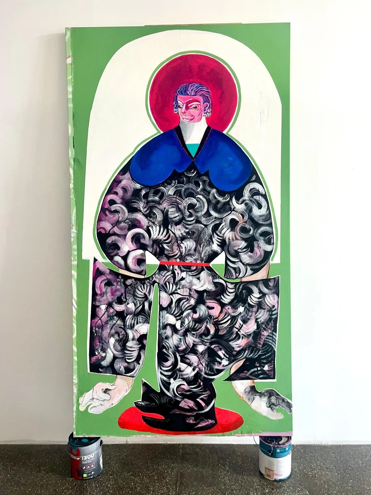 The King / Acrylic and industrial paint, Flashe paint, and collaged drawings on repurposed muslin / 85” x 46”
