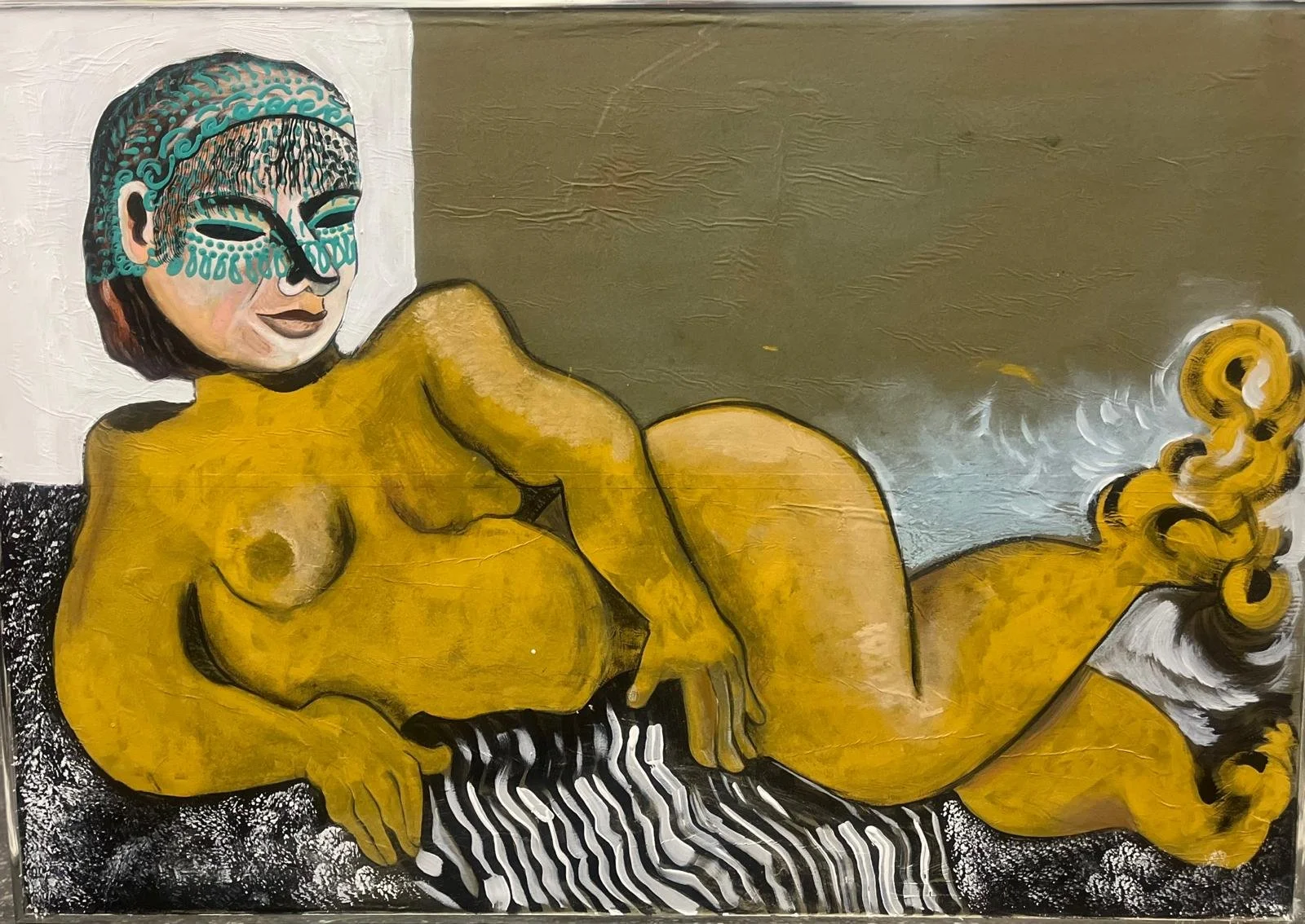 Lady in Waiting / Flashe paint, gouache and acrylic on paper mounted on a repurposed frame / 35” x 24”
