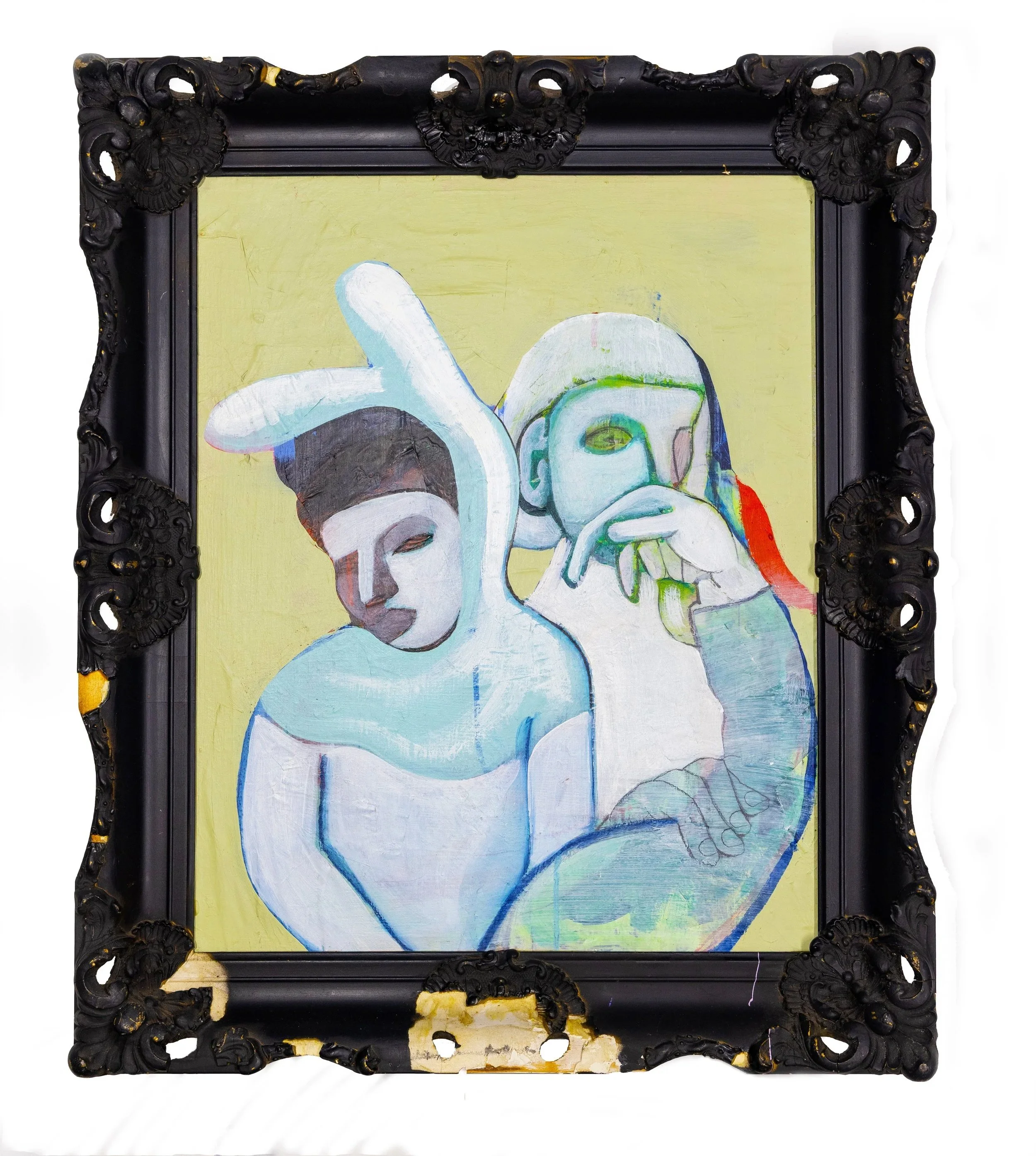 The Jester / Acrylic and industrial paint on canvas with a refurbished frame / 12” x 16”