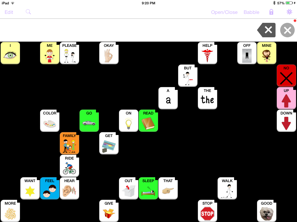 Nathaniel's current home screen on his iPad and app, Speak for Yourself.