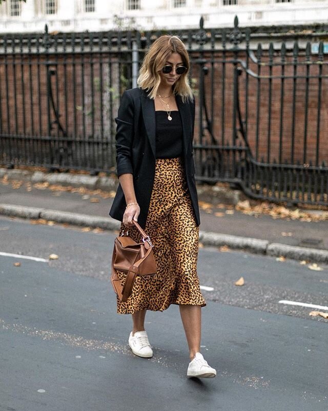 Black blazer + leopard midi skirt and sneakers.jpg