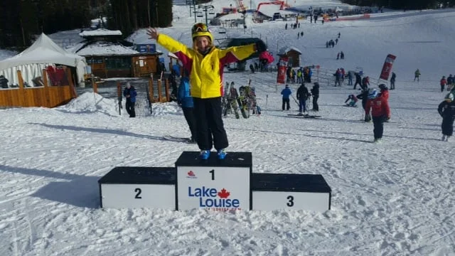 Molly on the Nakiska Women's Downhill podium, practising for about 12 years down the road!