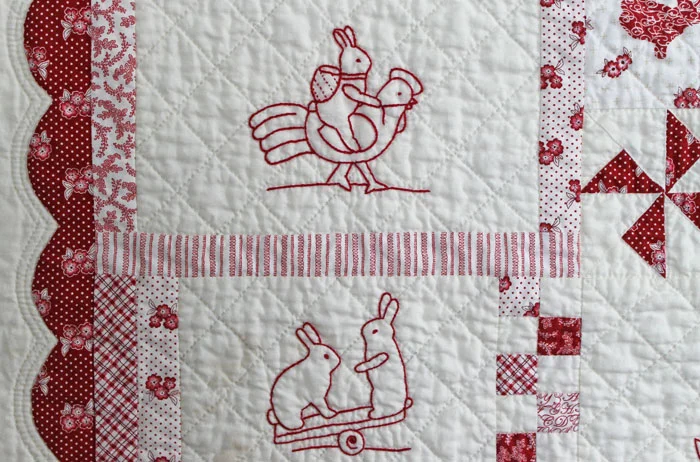 Detail of Bunnies Everywhere I have started my Guild challenge and it certainly was a challenge with the fabrics.
