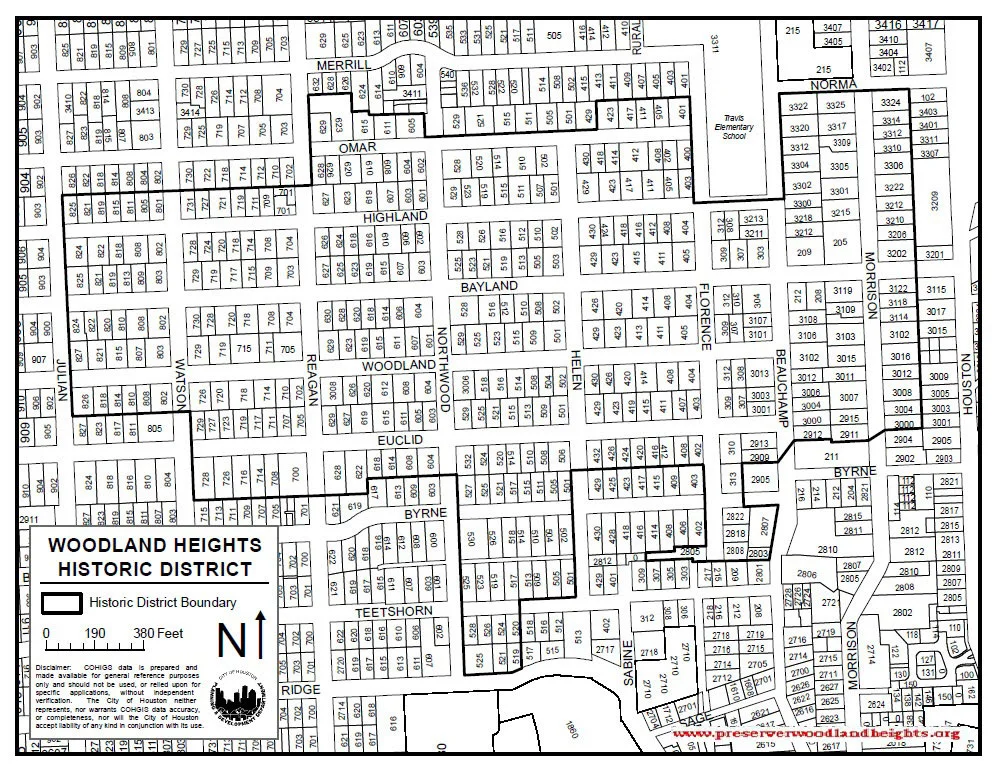 Woodland Heights Historic District boundary map. Approved by Houston City Council on June 29, 2011. Click to enlarge.