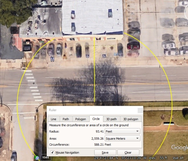 Figure 2 – Hogg Middle School north limits to the seating area of Second Cup; distance estimate. Image and calculation credit to Google Earth