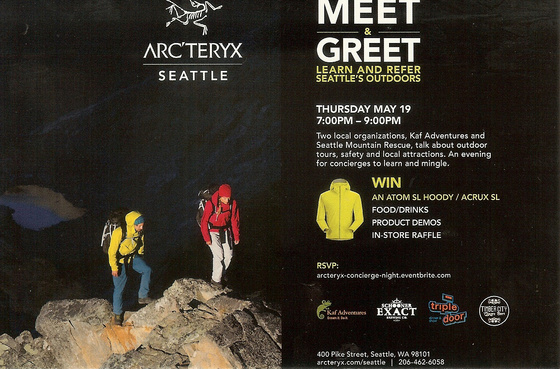 Store Manager Matt Jaech welcomes members of the Guild to a new presentation (they did one of these last year on a more limited basis) with two local organizations, Kef Adventures and Seattle Mountain Rescue. They will do a intro for their amazing products and then the others will present. They also will be providing beer, food and ginger beer, talk about their great concierge referral program, give out some swag and enter everyone attending into a drawing for a sweet prize at the end. There is also time to shop! Please RSVP to this invite and to https://arcteryx-concierge-night.eventbrite.com Hope you can make it!