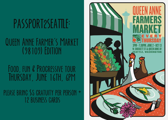 AHOY CGS! We have another great Passport adventure in store for you--our voyage takes us to the top of Queen Anne this time! Please join us as we gather at 6:00pm at Cupcake Royale (1935 Queen Anne Ave N) across from the Queen Anne Farmer's Market at the corner of Queen Anne Ave N & W. Crockett to socialize, hear about the Market and the gathered food trucks before we proceed on our progressive tour. We have quite a few stops planned so please be on time! Progressive tour stops subject to change but this is the plan: Queen Anne Farmers Market Blue Highway Games Eat Local Bounty Kitchen Le Reve Queen Anne Olive Oil Robert Ramsay Cellars Queen Anne Frame Chocolopolis Four Winds Cederberg Please bring $5 gratuity + 12 business cards which will be collected at the beginning of the tour at check-in. Please wear comfortable shoes! A big THANK YOU to Lauren Adler & Brittany Ryan for all of their organizing efforts on behalf of this event! We hope to see you at this latest Pass...