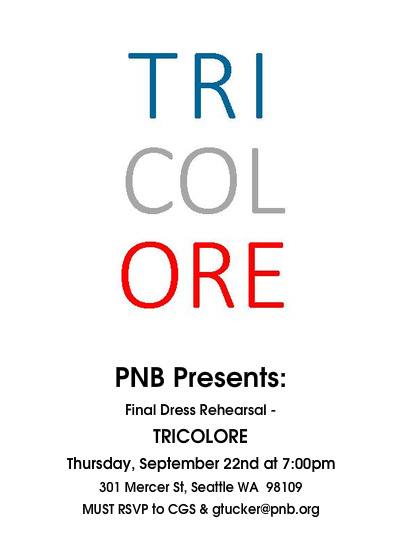 PNB cordially invites members of the Concierge Guild of Seattle, Greater Eastside Concierge Association, Seattle Hotel Concierge Association, and Visit Seattle to attend the final dress rehearsal for TRICOLORE: 7:00 PM, Thursday, September 22nd *Please feel free to join Artistic Director Peter Boal and choreographer Benjamin Millepied for a discussion during the hour preceding the dress rehearsal. The talk begins at 6:00 PM and takes place in the Nesholm Family Lecture Hall at McCaw Hall. How to reserve tickets: •This invitation is intended for CGS, SHCA, Visit Seattle and GECA active members only and is non-transferable. •RSVPs will be accepted via email only. (No phone calls, please!) Send to Gary Tucker at GTucker@PNB.org. •The Subject Line of your email must read “Concierge-TRICOLORE” •The body of the email must contain the following information. (Note: Incomplete RSVPs will NOT be honored.) Your name Affiliation: Property name AND your concierge guild or association Contact information: Phone number AND email address Number of tickets: Please limit your request to no more than two (2) per person. (We would be happy to assist you in purchasing additional tickets, $30 each) •Deadline to respond is 5:00 PM on Friday, September 16th. No reservations will be accepted after the deadline. •All reservations will receive an emailed confirmation/reminder 24 hours prior to the dress rehearsal. •Seating (general admission) for this event is restricted and subject to availability. •If you have any questions regarding these instructions, please don’t hesitate to contact me. Thank you! Pacific Northwest Ballet raises the curtain for its 44th season with TRICOLORE, a balletic ode to all things French. The program opens with the company’s chic 3 Movements, commissioned by PNB in 2008 and choreographed by Benjamin Millepied, artistic director of LA Dance Project and former artistic director of Paris Opera Ballet. (In 2010, Mr. Millepied choreographed the Oscar-nominated Black Swan.) A big fan of PNB, Millepied has returned to set the U.S. premiere of his Appassionata on the company. TRICOLORE plays for seven performances only, September 23 – October 2 at McCaw Hall at Seattle Center