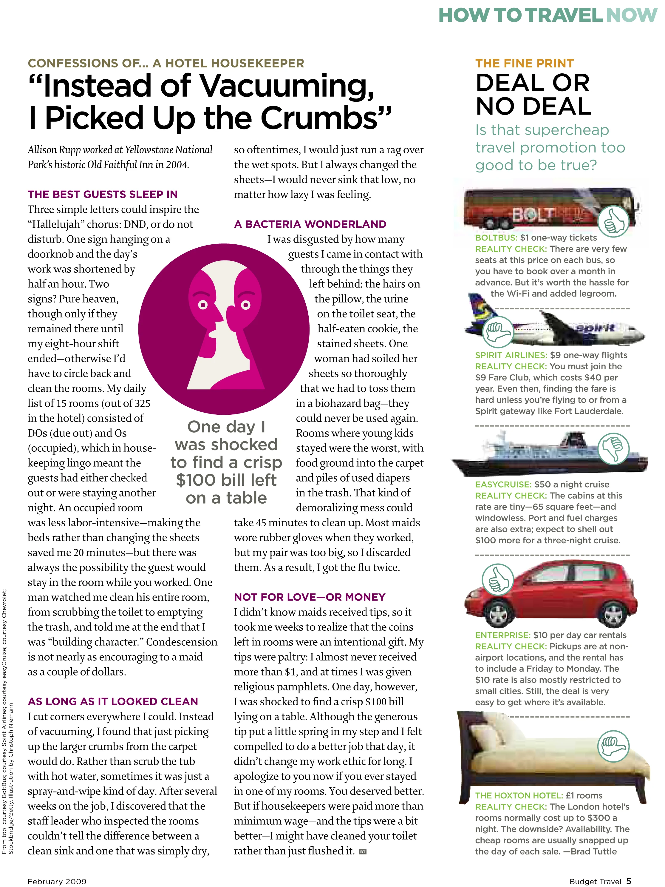  "Confessions of a Hotel Housekeeper,"&nbsp; Budget Travel Magazine  