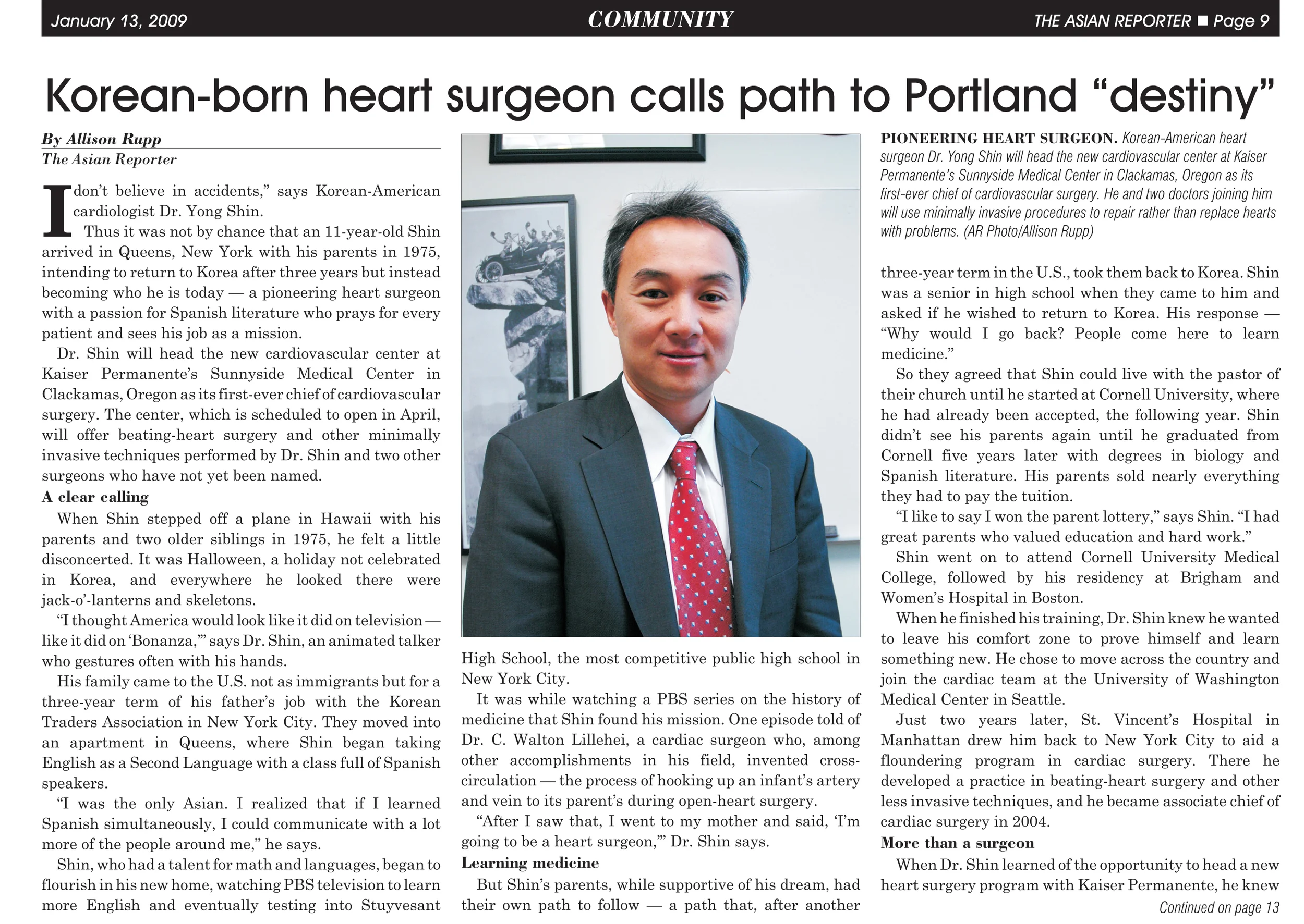 "Korean-born heart surgeon calls path to Portland 'destiny,'"&nbsp; The Asian Reporter  