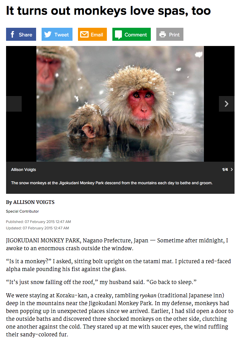  "It turns out monkeys love spas, too,"&nbsp; The Dallas Morning News  