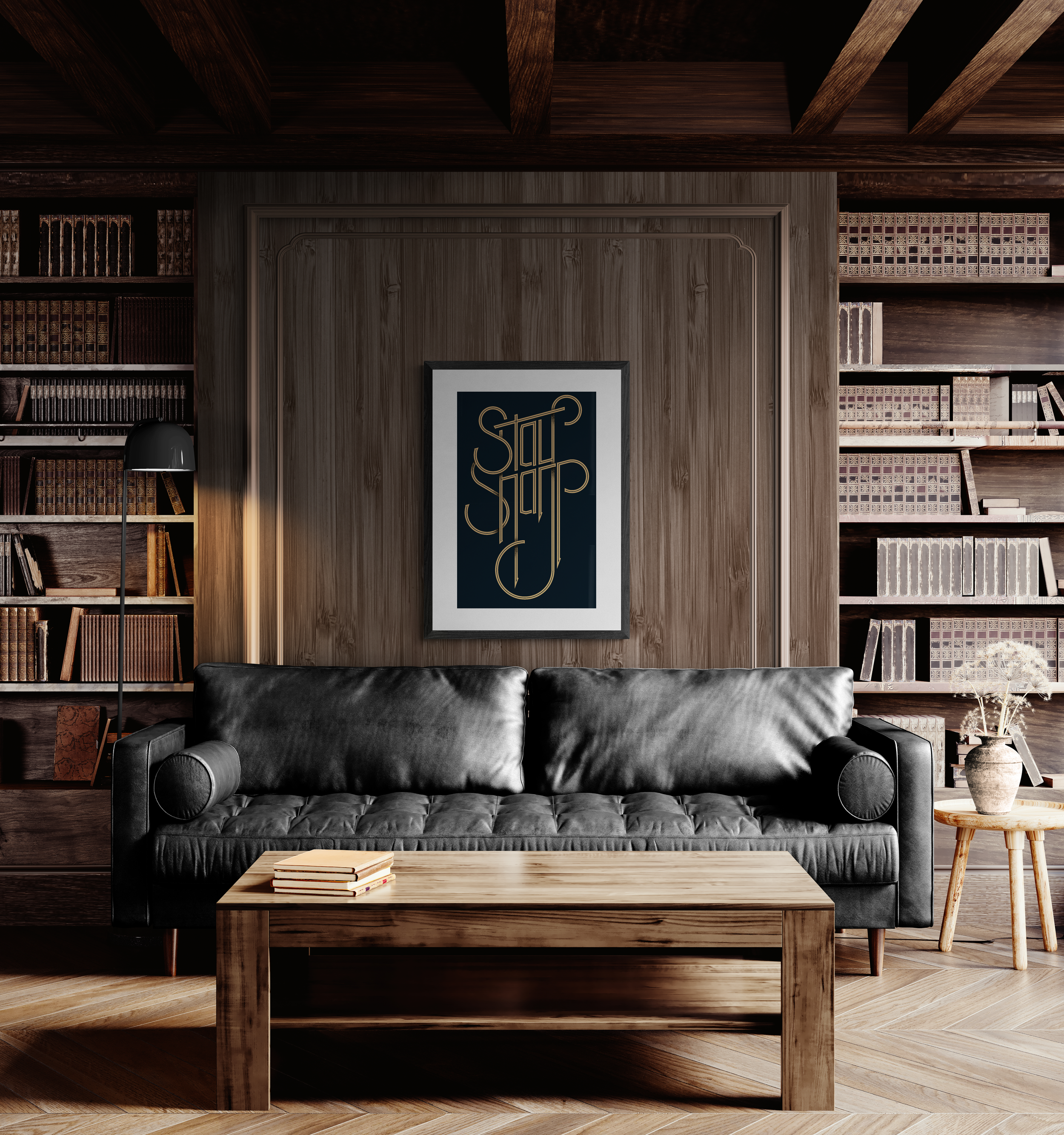 Stay Sharp gold typography screenprint on black paper shown on wall in a contemporary home setting