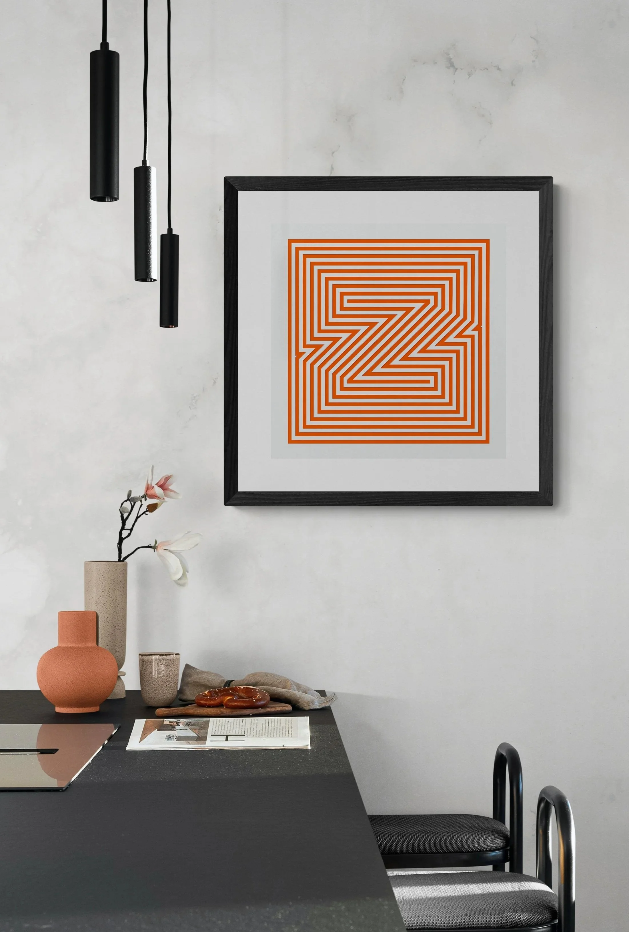 Reverie letterpress art print displayed on wall in modern interior with shadows