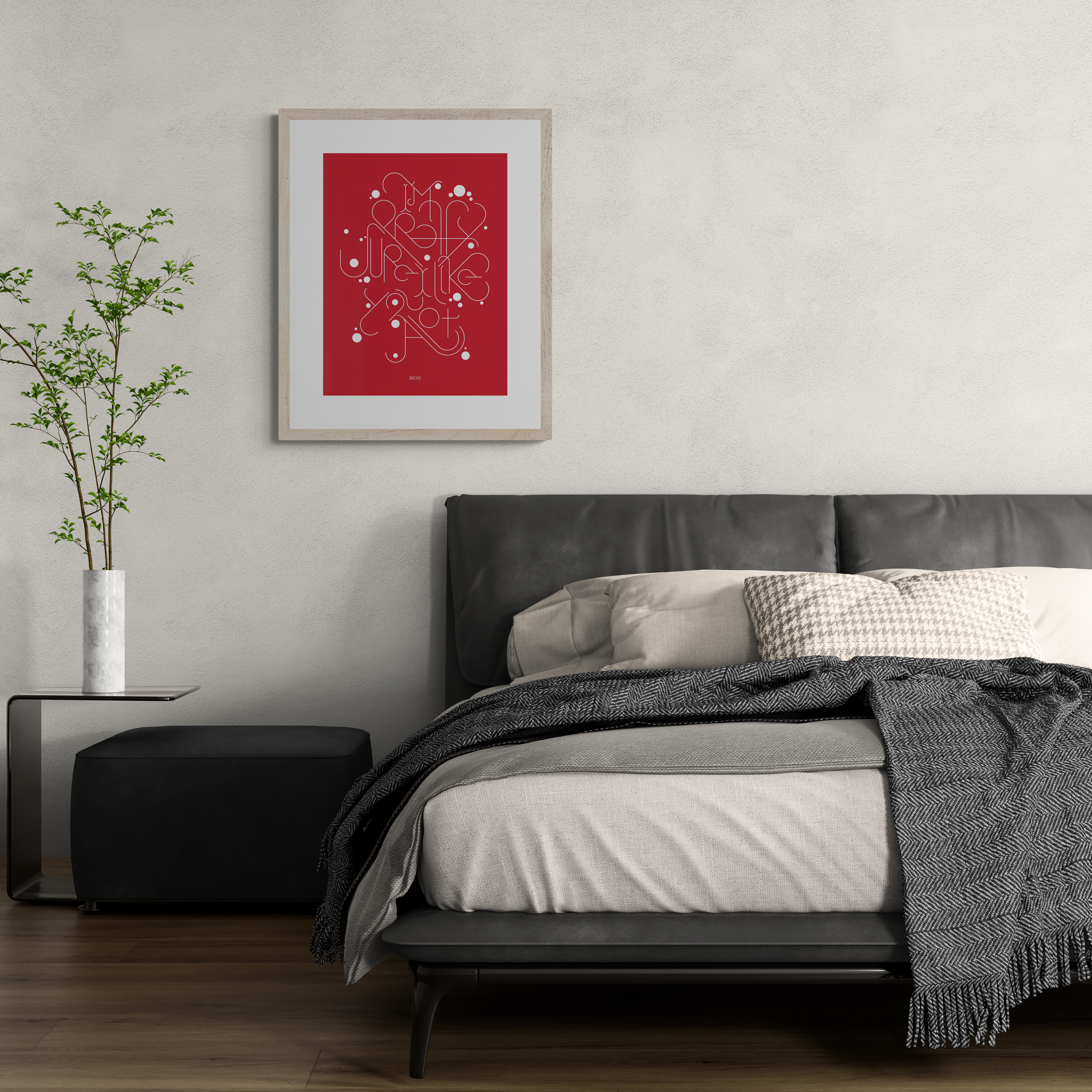 Pretty Sure screenprint on Wild Cherry paper shown on a wall in a cozy space