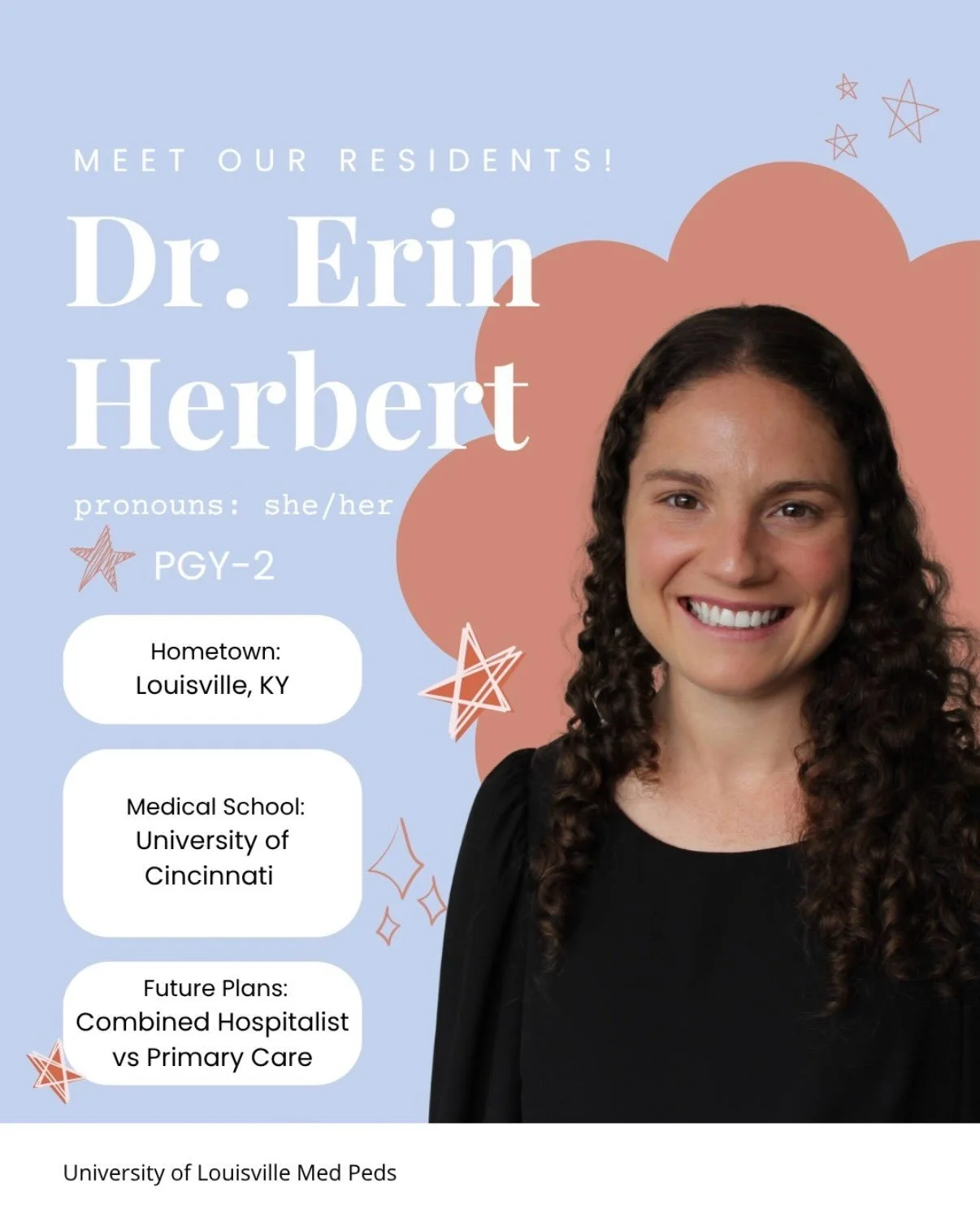 ✨Resident Highlight✨

Meet Erin, one of our PGY-2 residents! She&rsquo;s a local from Louisville, and she came back to us after spending time at Cincinnati for med school. Right now she&rsquo;s planning on a true med peds future with combined outpati