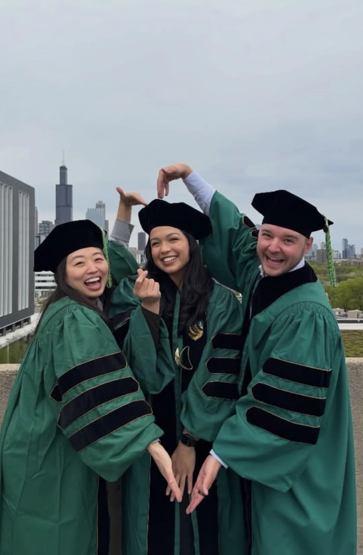 three young doctors in med school graduation cap and gowns posing