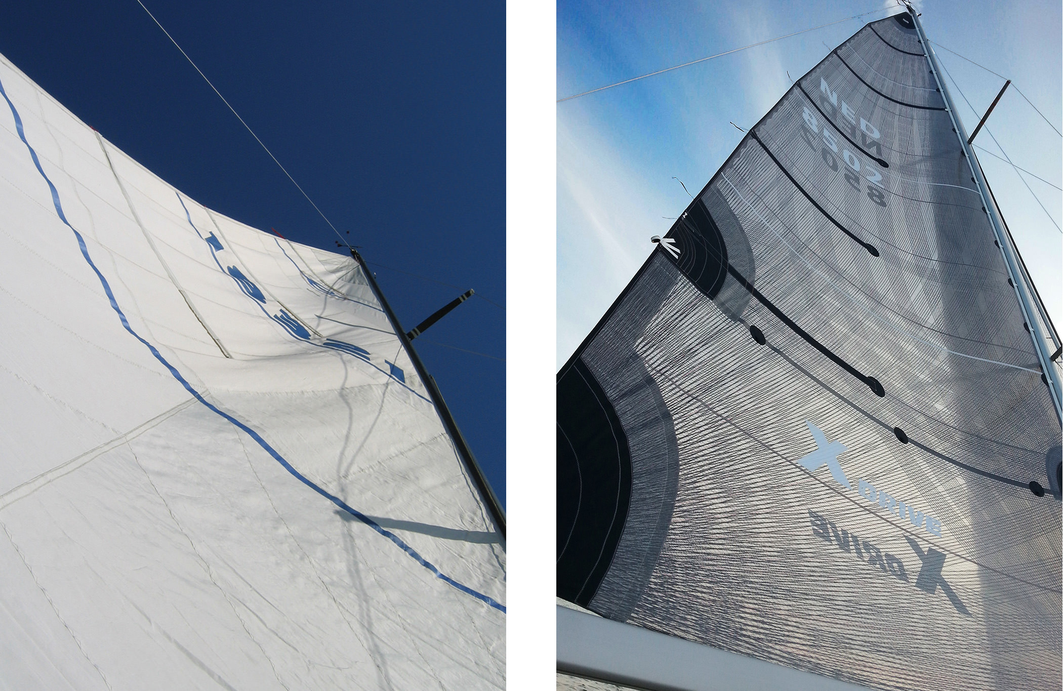 A blown out mainsail on the left shows distortion wrinkles and the draft point too far aft, both of which prevent the sail from giving any aerodynamic lift. Compare it to the sail on the right , which is a smoother, perfectly shaped X-Drive sail. 