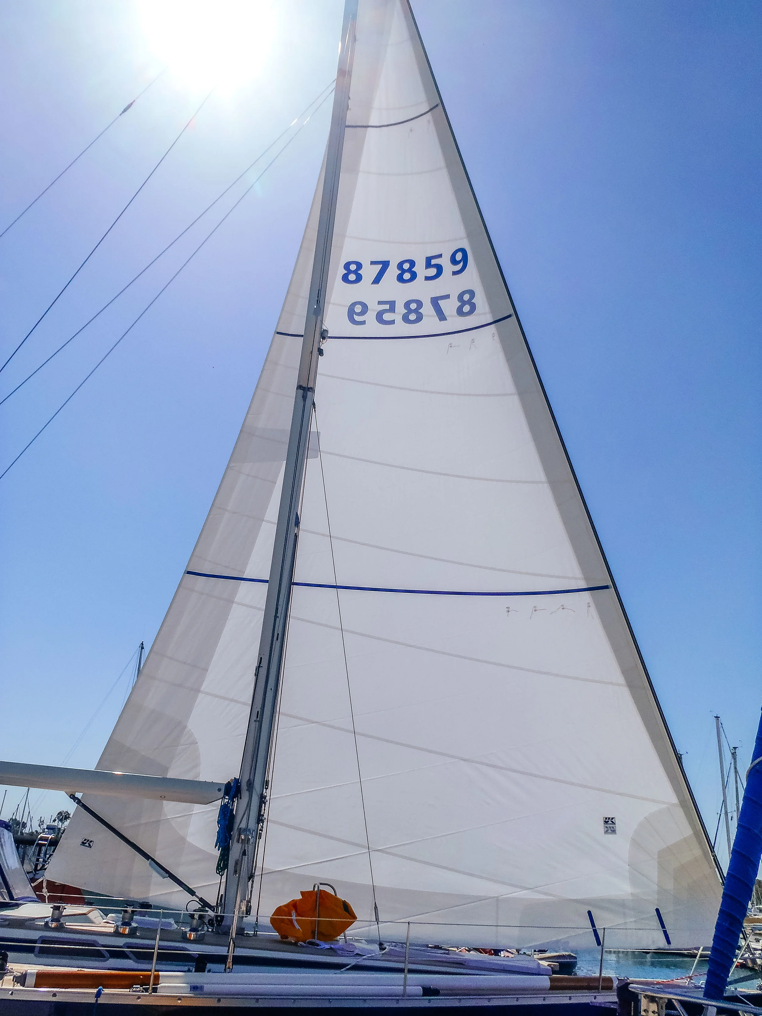 UK Sailmakers Passagemaker Dacron genoa with foam luff, reef reinforcements and UV leech and foot covers.