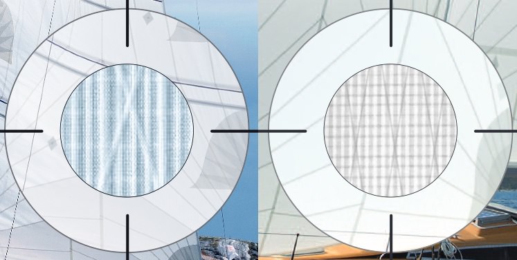 Nahaufnahmen von Dimension Polyant's Polyester-Cruising-Laminaten, die starke kettorientierte Polyestergarne und X-Ply-Garne enthalten, die zwischen zwei Lagen Mylar und einem Taffeta laminiert sind, der eine Seite des Laminats bedeckt.