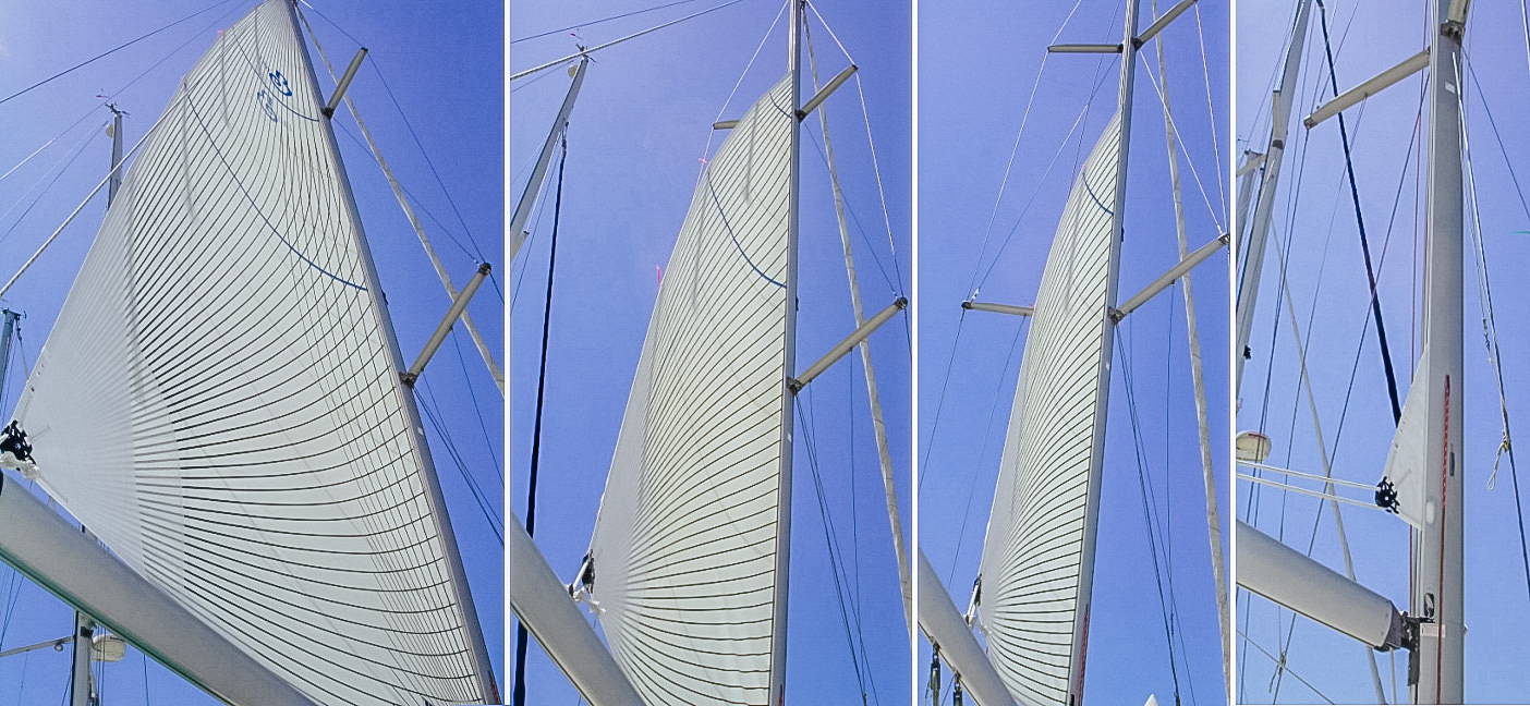 This sequence shows the finished Beneteau 411 sail with vertical battens and positive roach rolling into the mast.