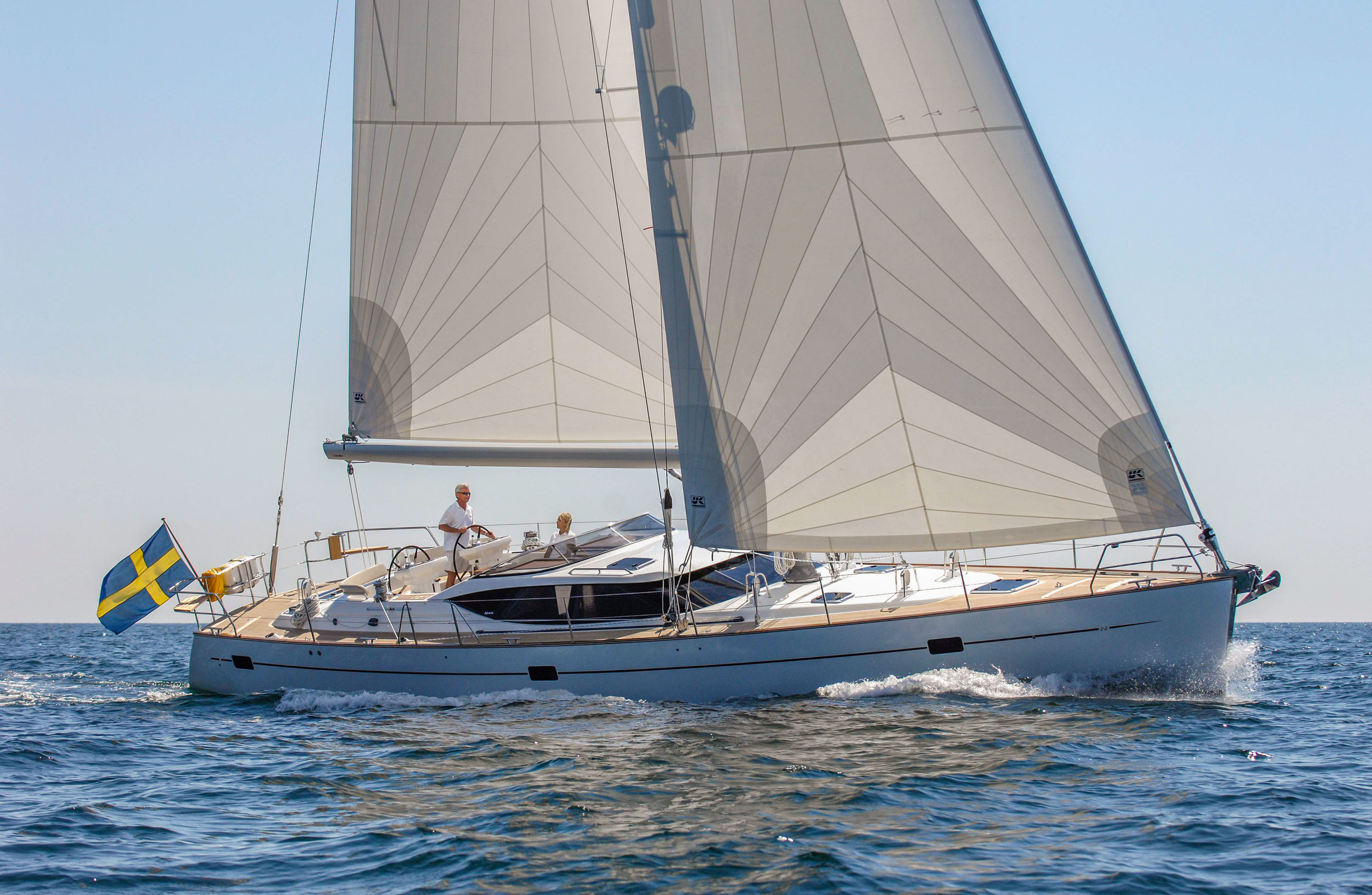 A Najad 570 with radial Spectra roller-furling performance cruising sails.