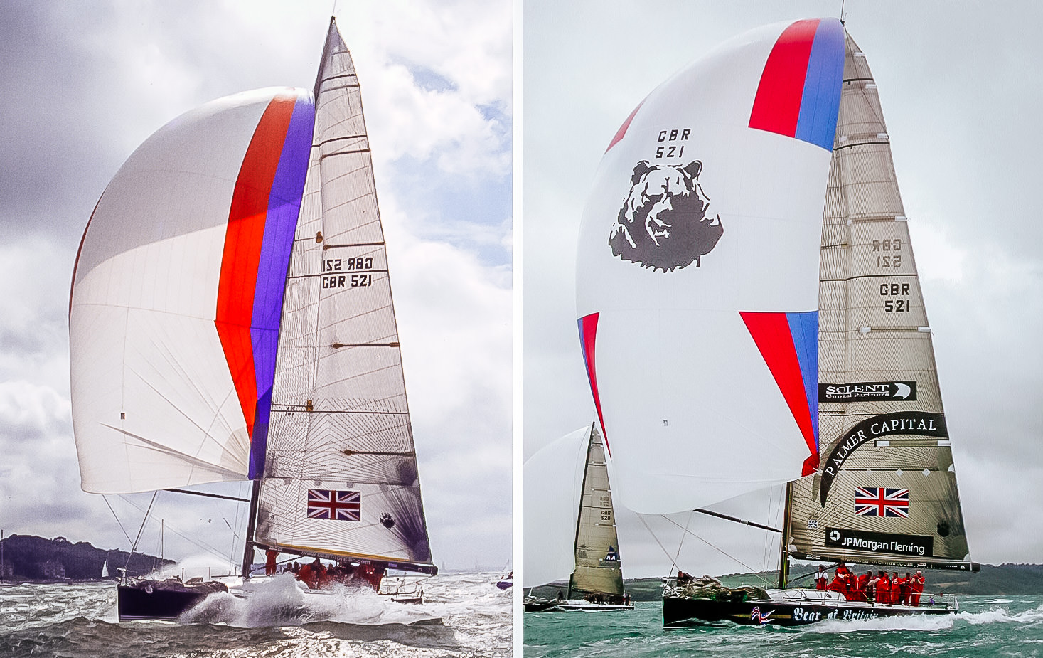 Both photos show the Farr 52 BEAR OF BRITAIN. On the LEFT she is sailing with her S5 flown from the hounds and on the RIGHT she is flying her S4 from the masthead. Notice how much smaller the S5 is.