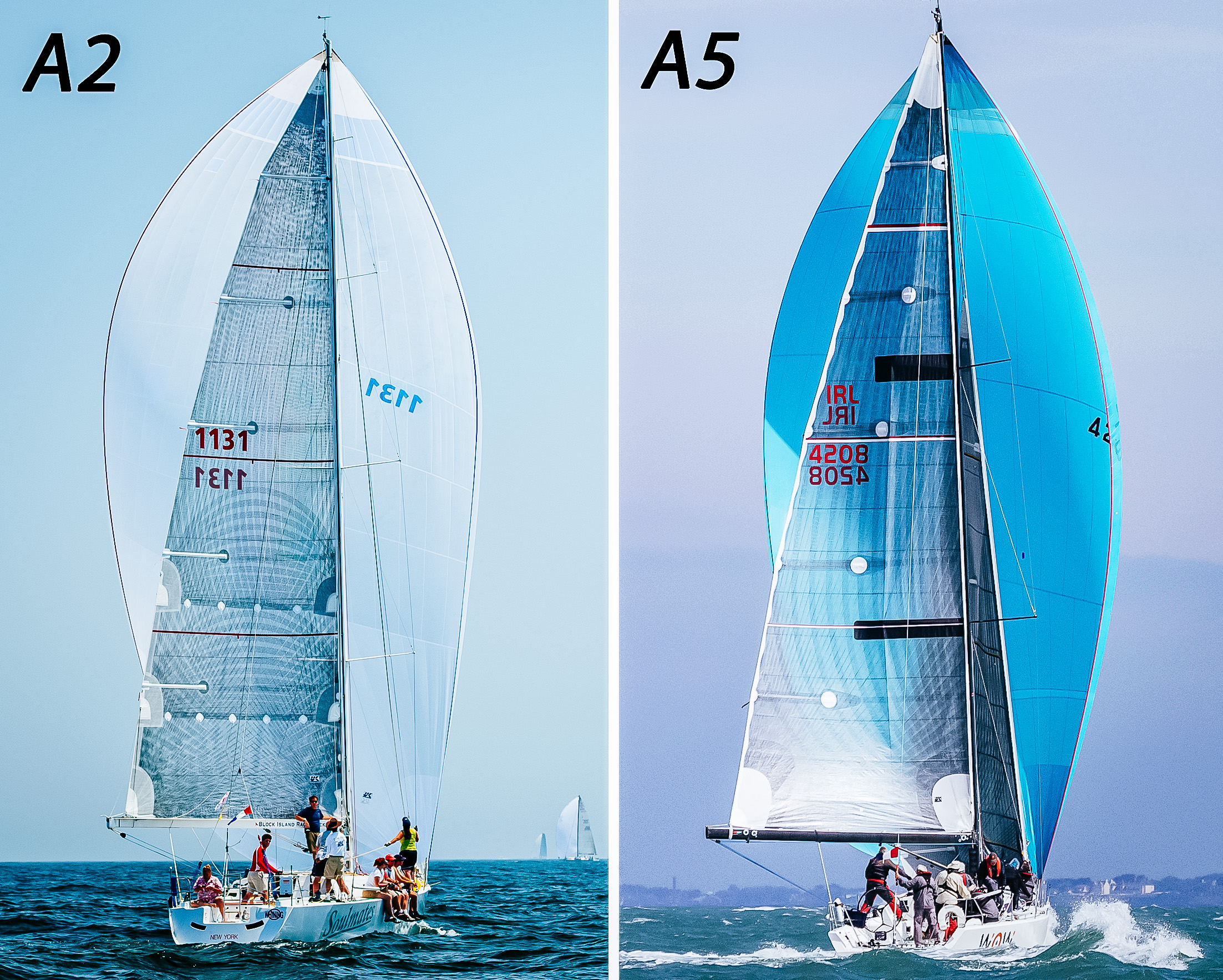 This comparison vividly shows the difference in size and shape between an A2 (full-sized spinnaker) and an A5 (small heavy air asymmetric). The A2 is wider and had full shoulders, while the A5 is much narrower with almost no shoulders.
