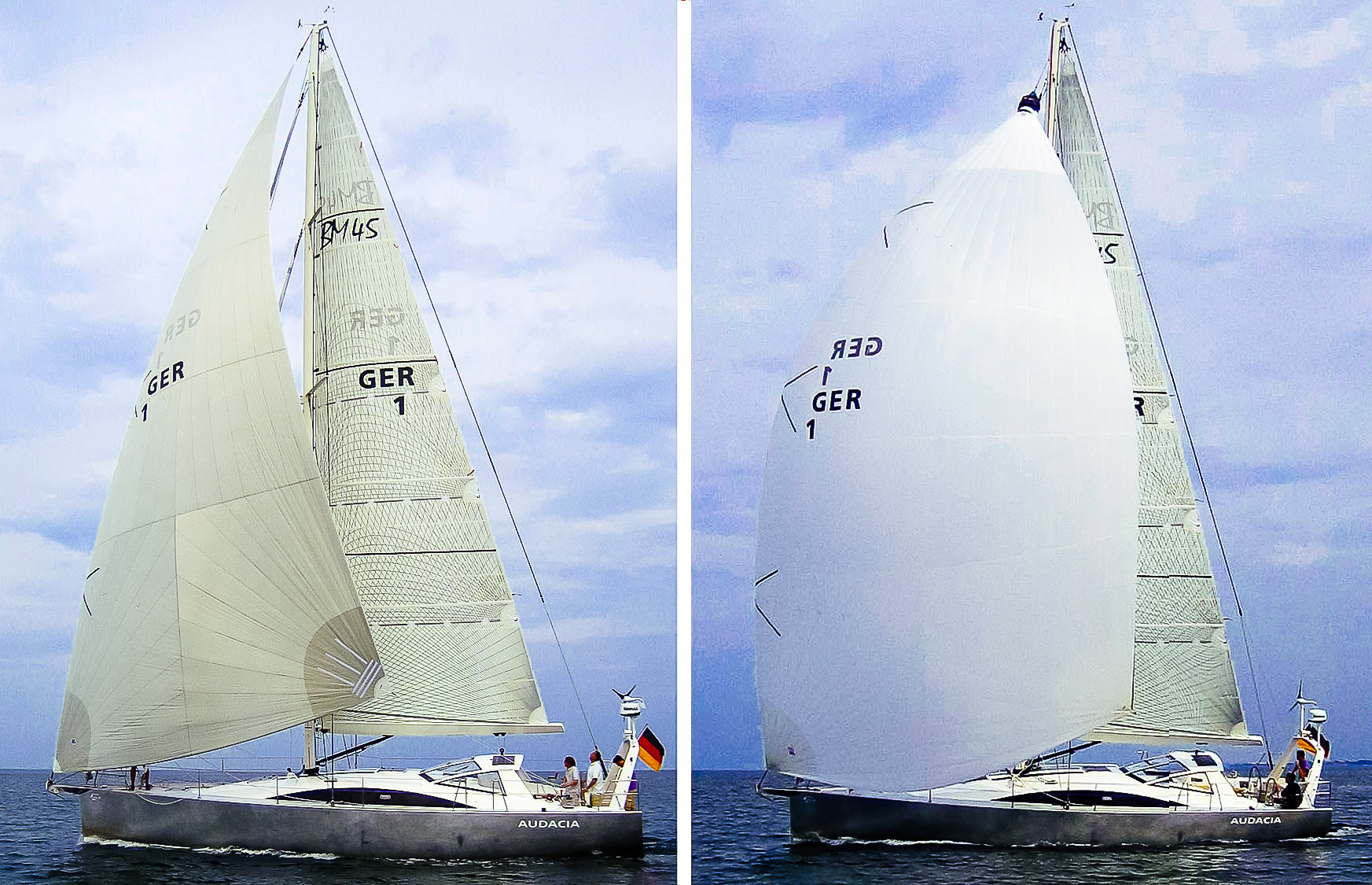 Shown above is a Berckemeyer 45 with a Cruising Code Zero (left) and a Cruising Spinnaker (right). Notice how the Code Zero is a much flatter "triangular" shaped sail that is designed for close reaching. The Cruising Spinnaker is bigger and rounder …