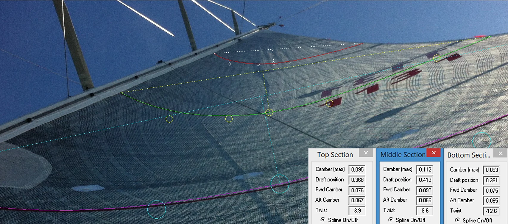 A screen capture of UK's AccuMeasure program which is used to analyze a sail's flying shape. Click here to download the program for free.