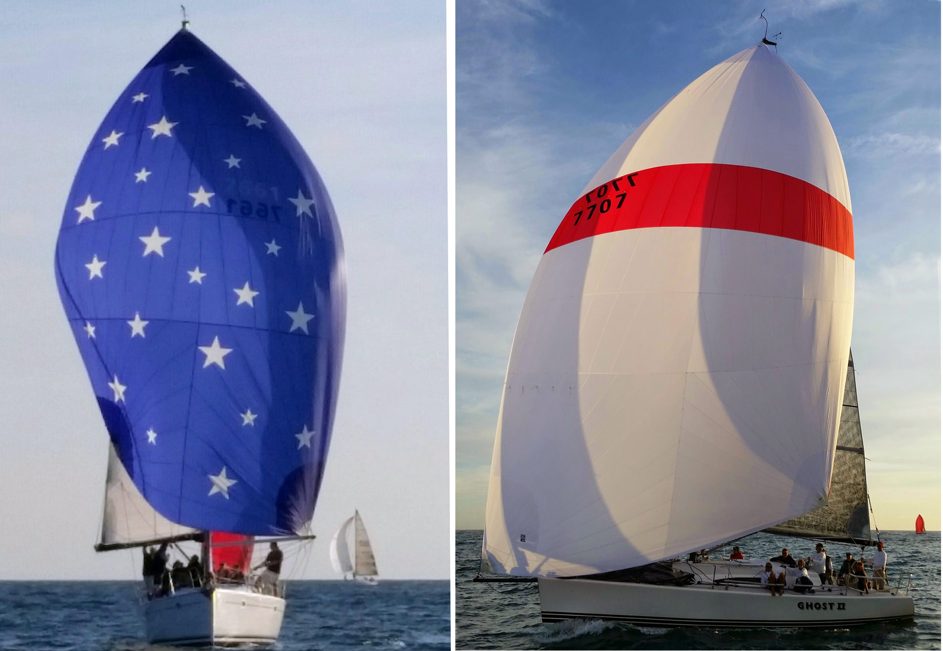Left:&nbsp;Whitney Green's Jeanneau 43 PACIFIC finished 1st in class in the 2016 Pacific Cup with a complete UK Sailmakers inventory. Right: Al Berg's Farr 395 GHOST II&nbsp;finished 1st in class in the 2016 Berger Series, also with a complete UK in…