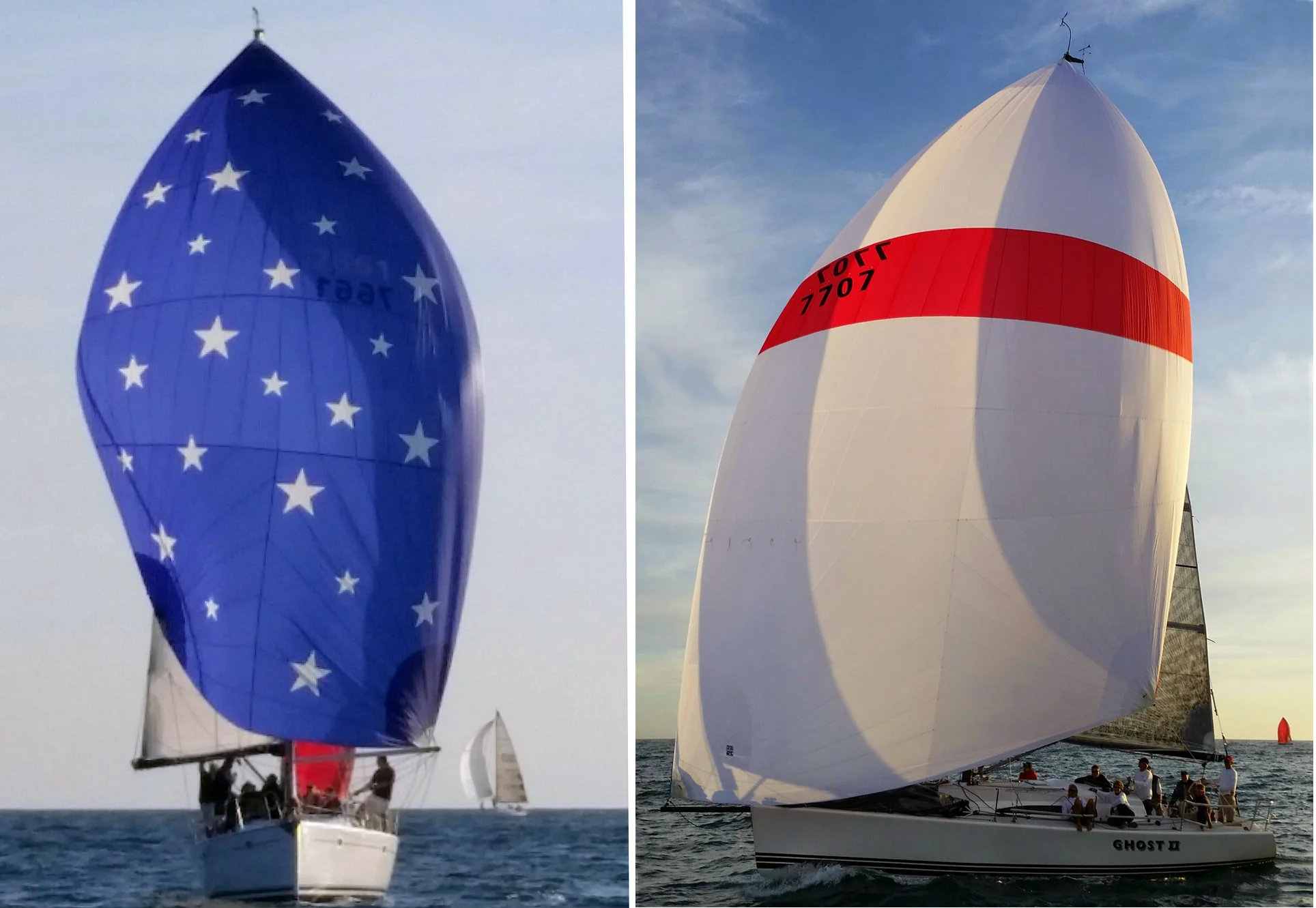 Left : Whitney Green's Jeanneau 43 PACIFIC finished 1st in class in the 2016 Pacific Cup with a complete UK Sailmakers inventory. Right : Al Berg's Farr 395 GHOST II finished 1st in class in the 2016 Berger Series, also with a complete UK inventory.