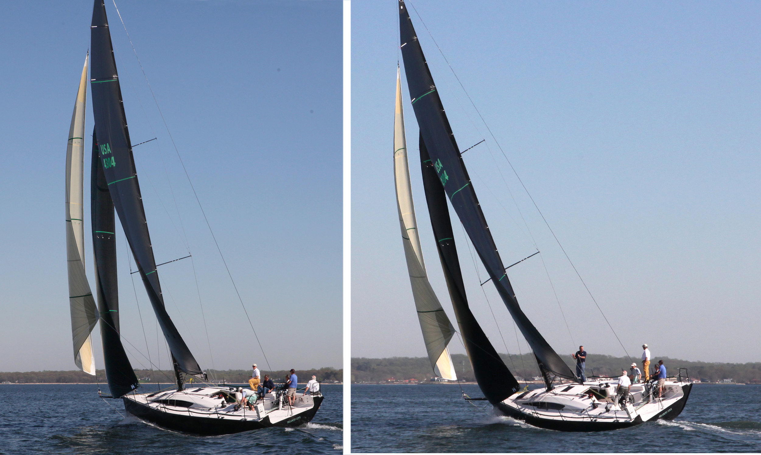 The Flying Jib is trimmed with spinnaker sheets deflected by twings or tweakers.