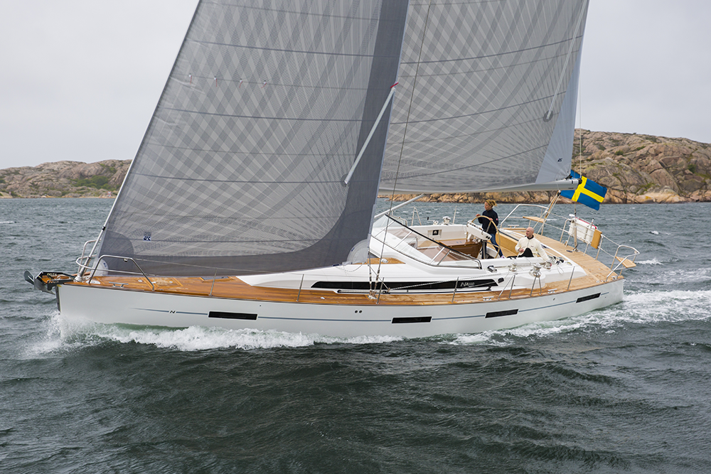 A Najad 505 with carbon X-Drive sails with grey taffeta. Both the main and jib have vertical battens for roller furling.&nbsp;