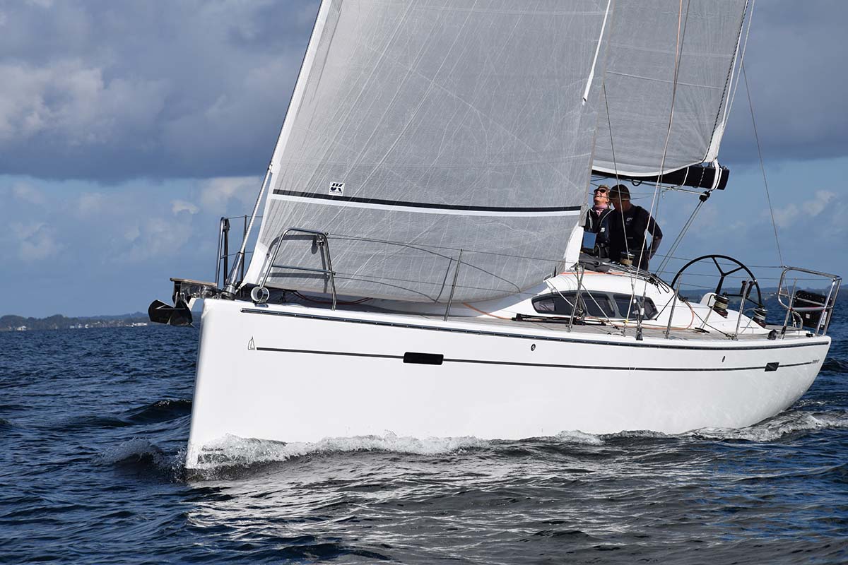 A Dehler 41 with Titanium Double taffeta main and jib. The taffeta can be grey or white; this is an example of the grey taffeta. Click to enlarge.