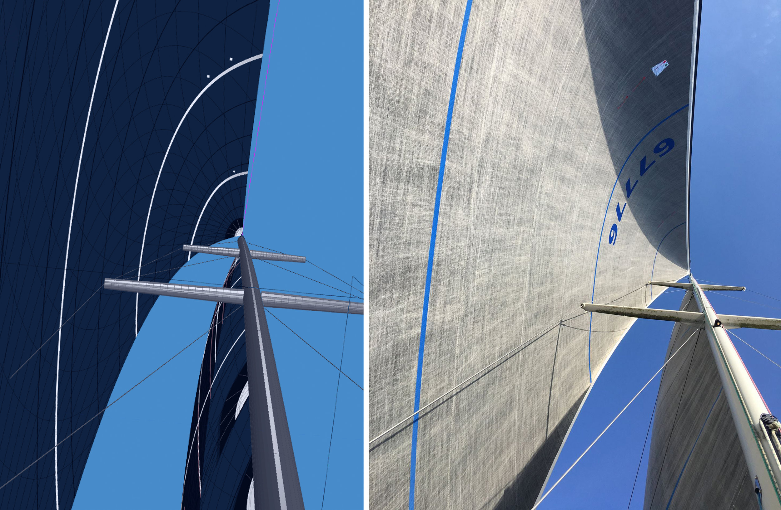 On the left is a computer 3D rendering of a Light No. 1 Genoa design. On the right is the same sail flying. The design and the completed sail a re virtual match.