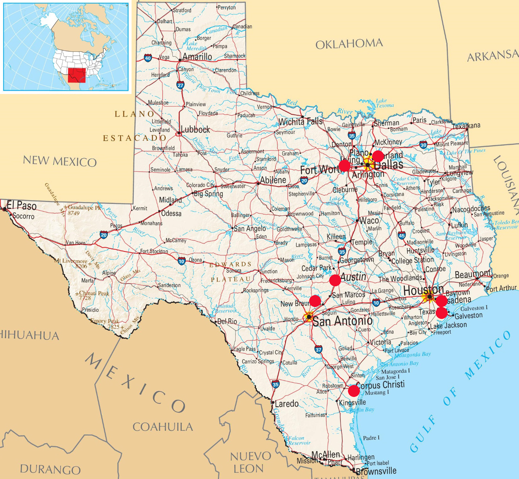 Sieben Stationen des Rundgangs: Corpus Christi, Ft. Worth, Dallas, Austin, 2 in Houston und Lake Canyon bei San Antonio.