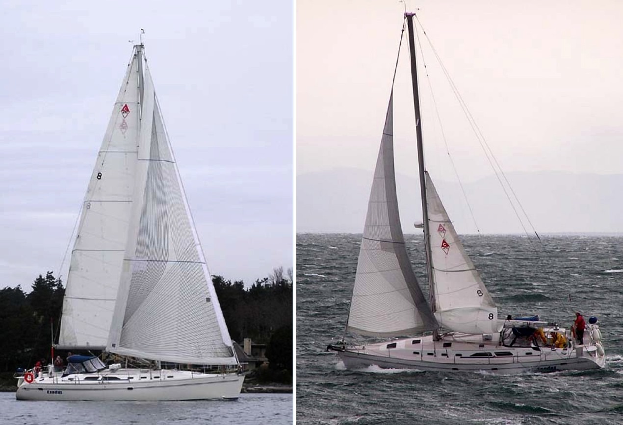 Oben sind zwei Fotos von der Catalina 42 EXODUS zu sehen. Auf der linken Seite ist sein Carbon Tape-Drive Passagemaker vollständig ausgerollt zu sehen. Rechts ist dasselbe Segel in verkleinerter Form für Schwerwettersegeln zu sehen.