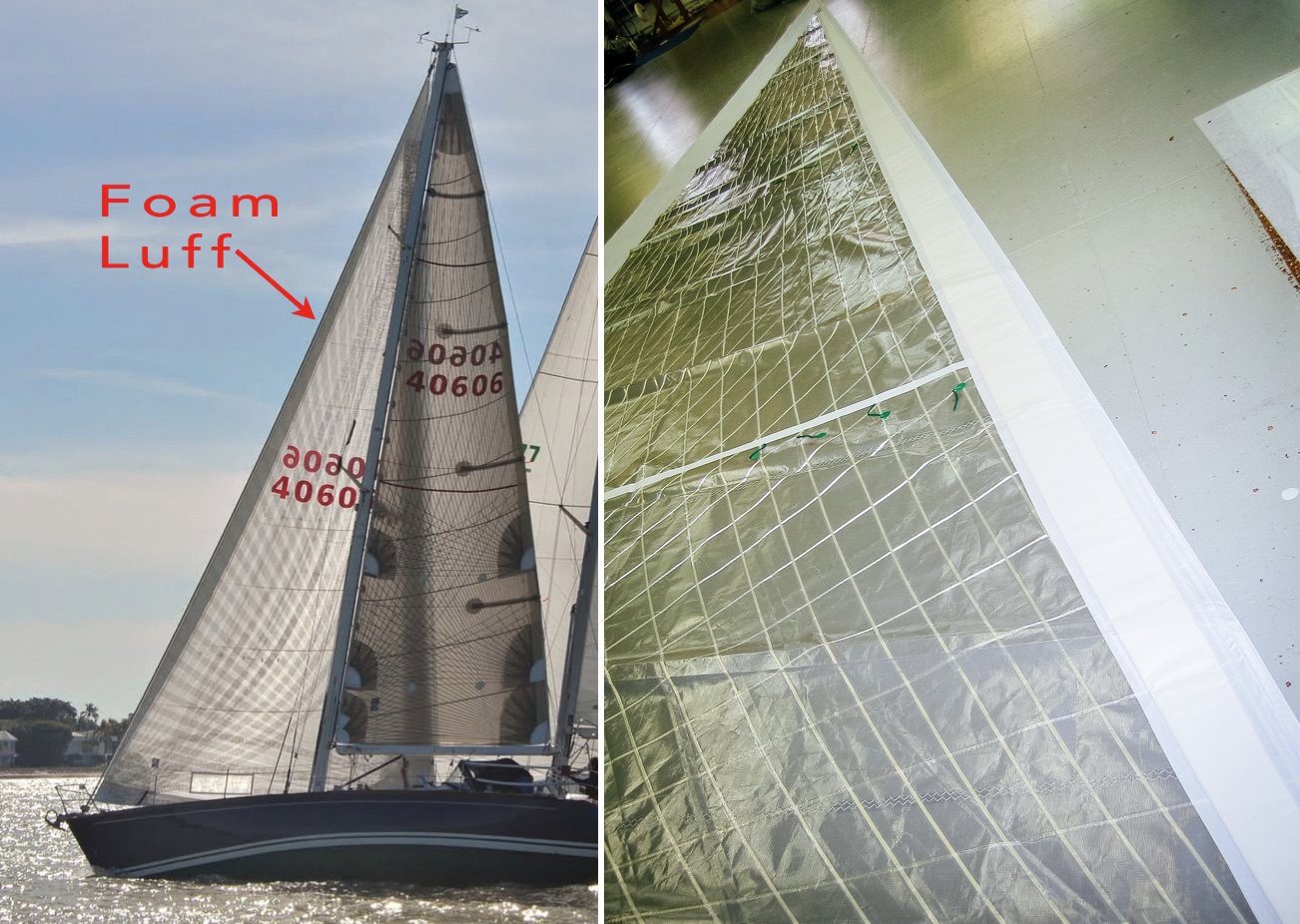 Left: Notice the crescent shape of the thin foam piece on the luff; this makes the roll wider at the deepest part of the sail to help flatten the sail as it is reefed. Right: A Tape-Drive Silver sail in the midst of the construction process with a f…