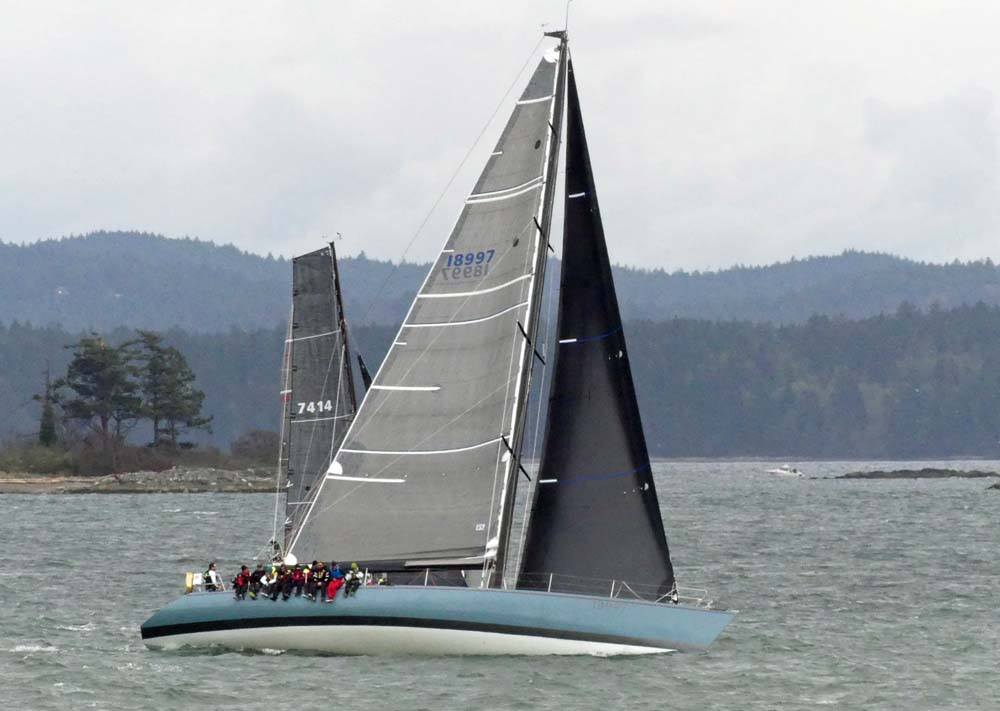The Santa Cruz 70 WESTERLY coming off the starting line flying her Uni-Titanium No. 3 and X-Drive mainsail. The trimaran DRAGON is just to leeward. These two boats had a great battle all the way around the 67-mile course. Andrew Madding photo.