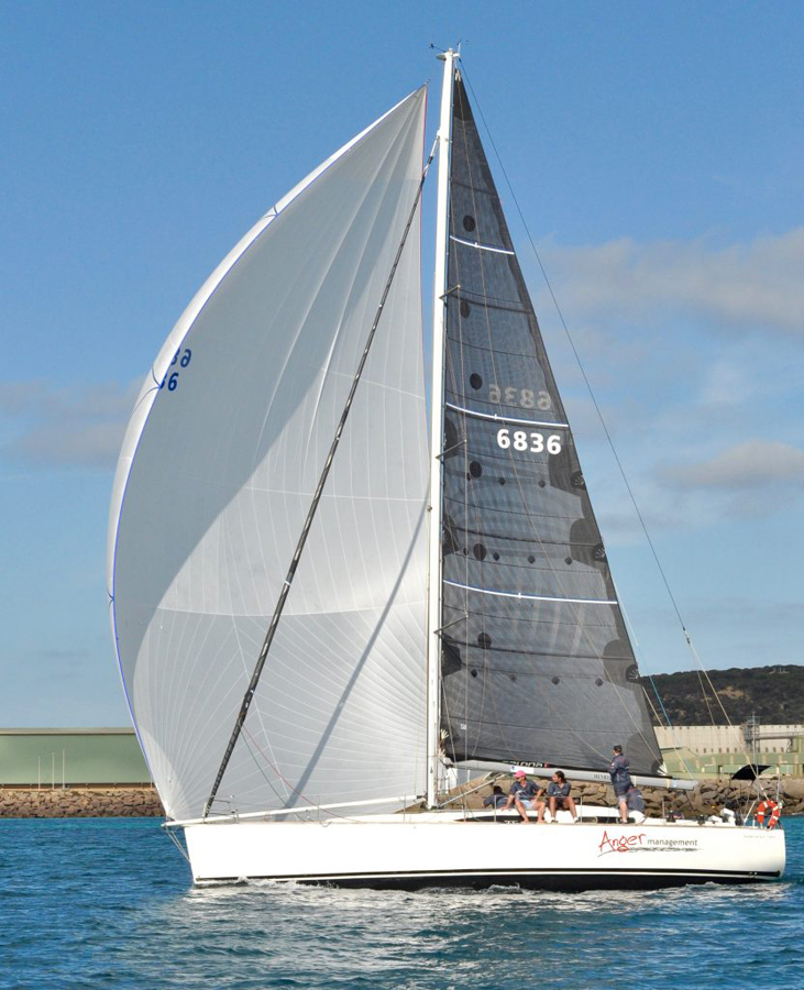 ANGER MANAGEMENT sailing with her massive A2 and X-Drive mainsail.