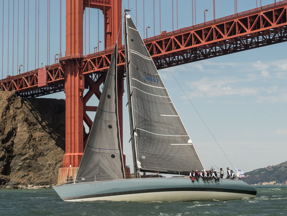 The Santa Cruz 70 WESTERLY at the start of the 2018 Pacific Cup leaving San Francisco Bay.