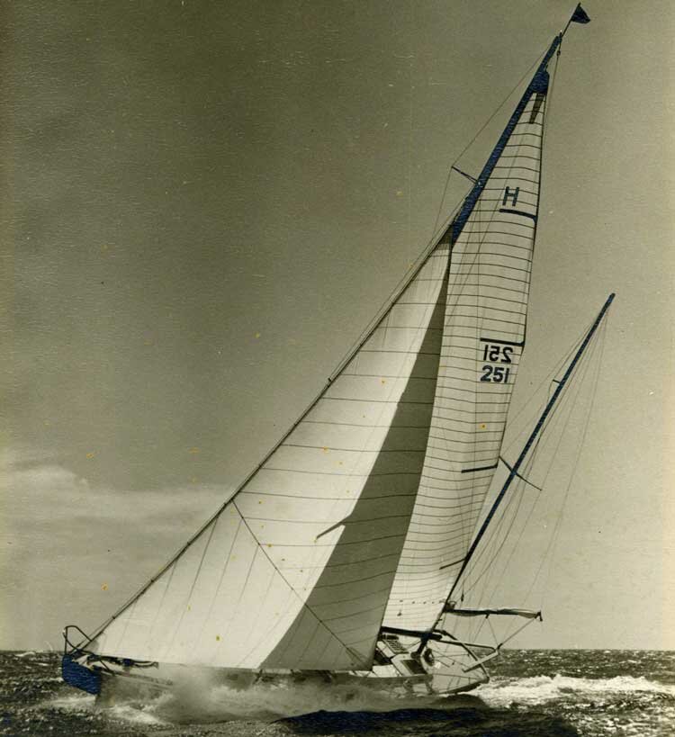 The 39-foot Ketch HOOT MON owned by Woody Pirie, Butch’s father and Worth Brown. She was radically light for 1955 and looked like an overgrown Star Boat with hard chines and very flat bottom sections. Click here for a March 28, 1955 “Sports Illustra…