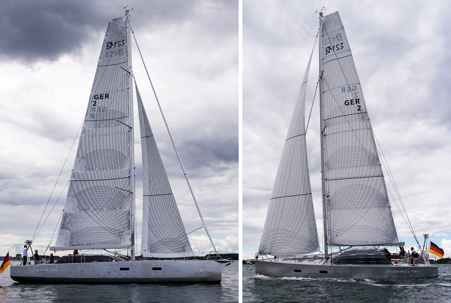 Shown above is a Berkemeyer 53 performance cruiser with a cutter-rigged forestaysail (left) and with the staysail furled (right).