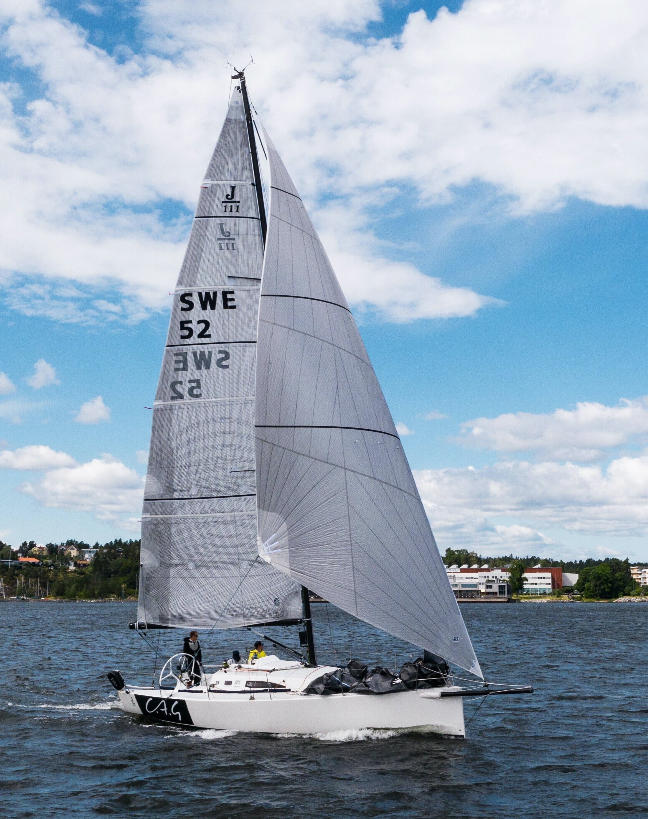 A J/111 sailing with a Jib Top on a reach too close for a spinnaker or Code Zero.