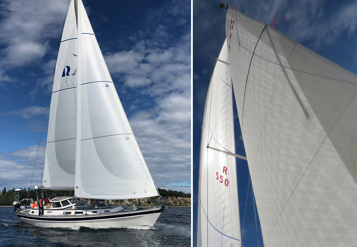 Left: X-Drive Endure roller/furling main and genoa on a Hallberg Rassy 53. Right: The white Endumax fibers on polyester/mylar laminate creates an all-white sail with stretch resistance like a carbon sail.